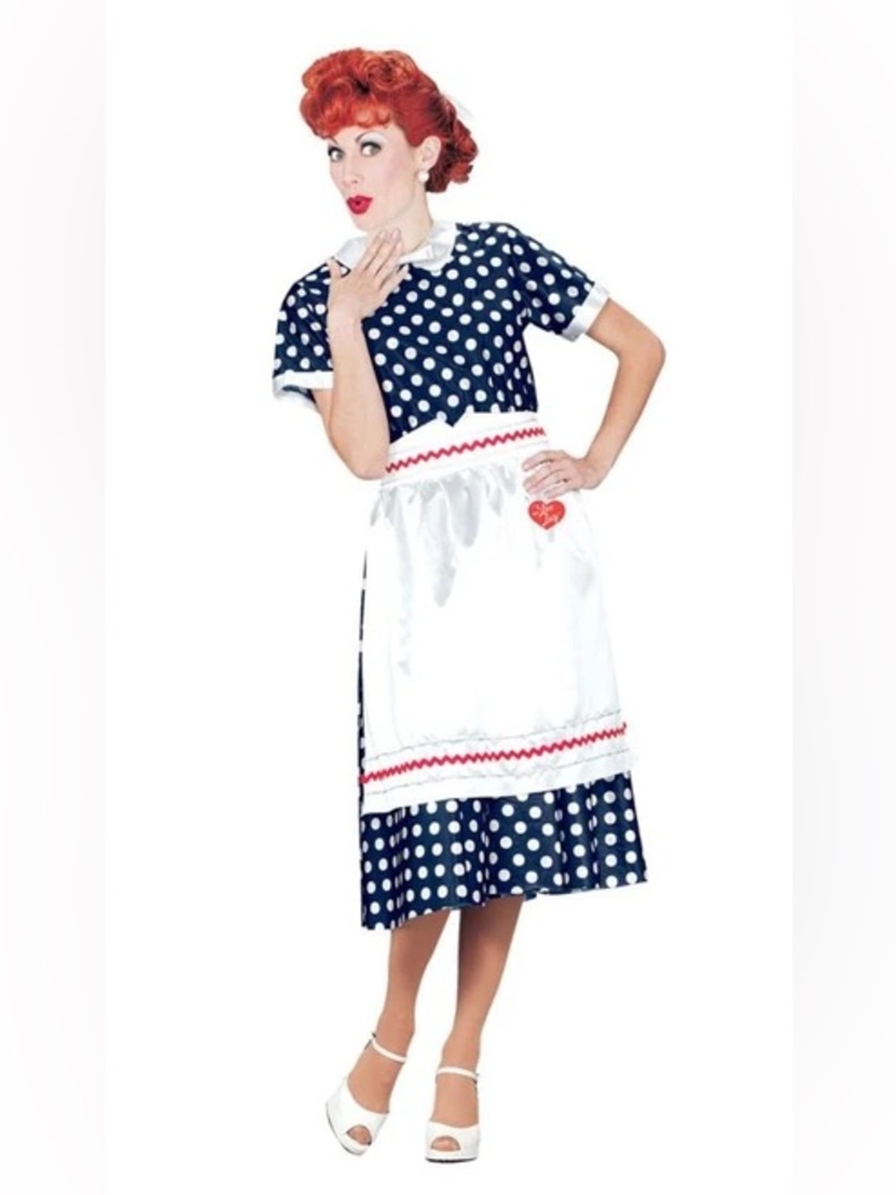 I Love Lucy Navy Polka Dot Retro Maid Costume with White Apron and Wig